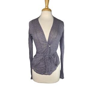 HUMANOID 100% Linen Blue White Stripe Linen Belted Top Size Small Long Sleeve